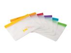 Set of six reusable food storage bags with colorful zip-top closures, fanned out.