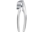 A silver garlic press with black handles on a white background.