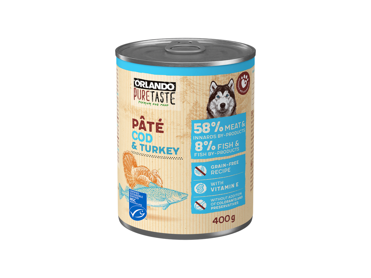 Orlando Pure Taste kutyakonzerv tőkehal és pulyka ízzel.