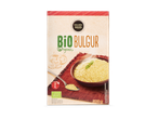 Biologische bulgur in een verpakking van 500g, met een serveersuggestie van gekookte bulgur.