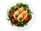 Grilled chicken breast fillets with a fresh salad of arugula, tomatoes, and red onion.