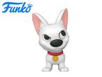 White dog figurine with a red collar and gold tag, with a blue logo in the top left corner.