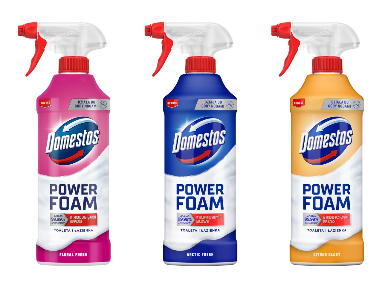 Kolm Domestos Power Foam puhastusvahendi pudelit erinevate lõhnadega.
