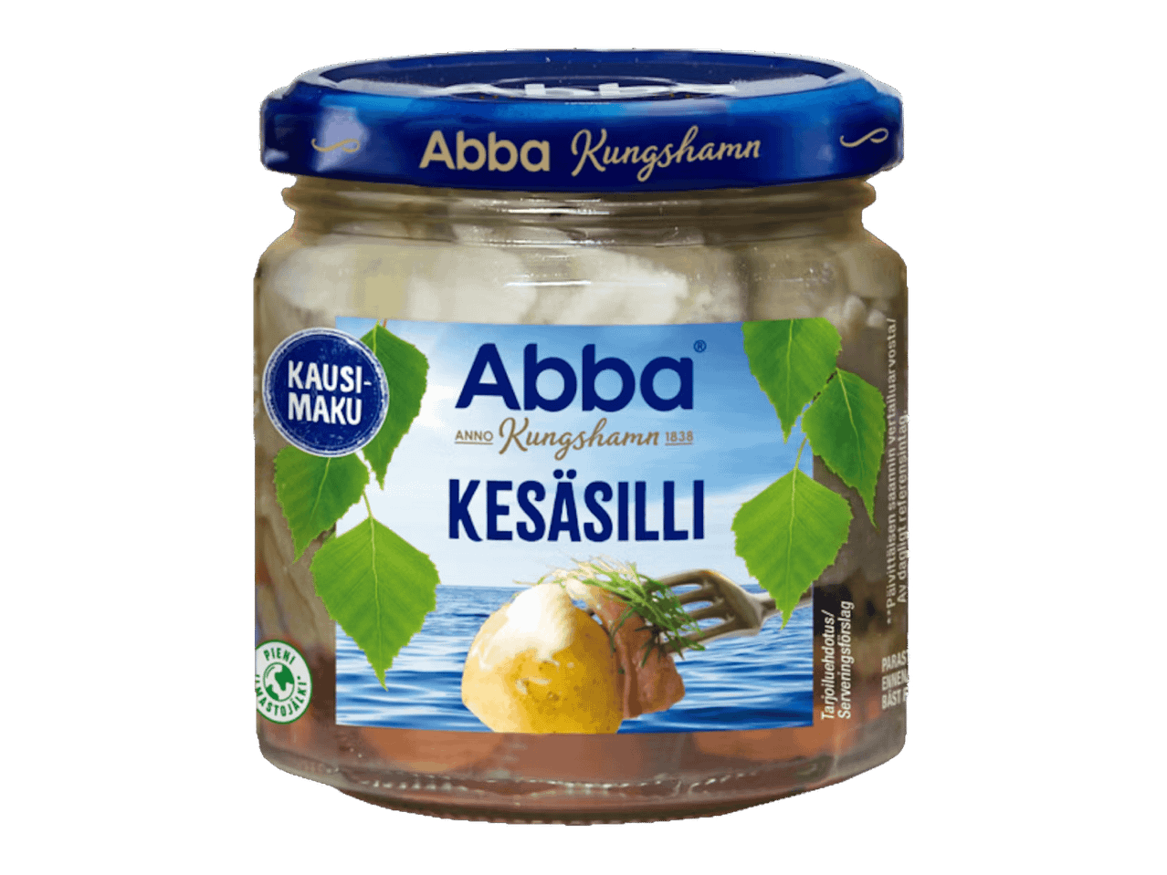 Lasipurkki silliä, jossa on etiketti, jossa lukee 'Kesäsilli' ja kuvassa perunaa ja silliä.
