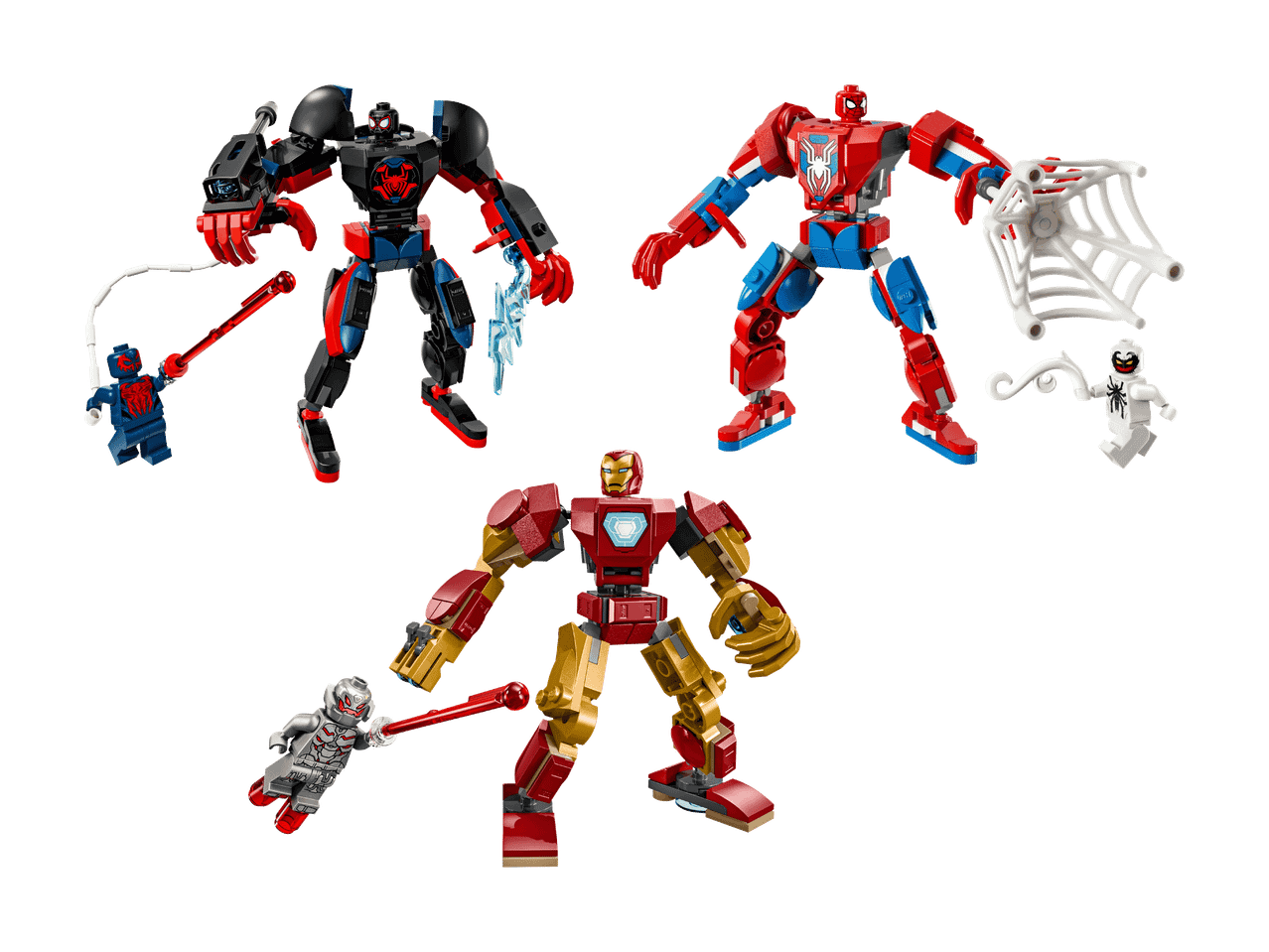 Trois robots jouets rouges, bleus et noirs avec des figurines miniatures de super-héros.
