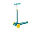 Blue three-wheel scooter with yellow wheels and cartoon dog characters