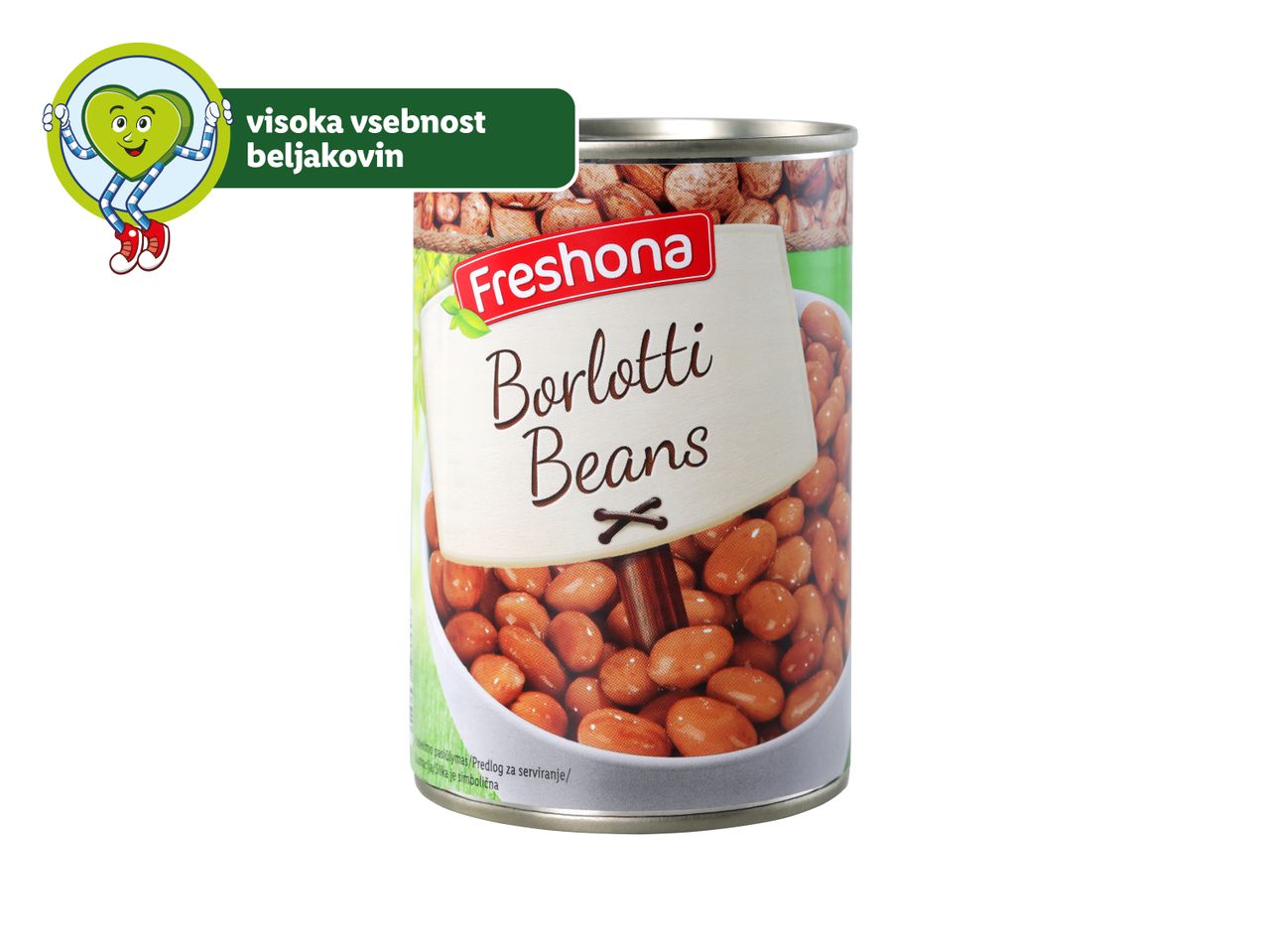 Konzervirani Borlotti fižol, znamka Freshona.
