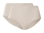 To beige trusser med høj talje og zigzag-sømme.