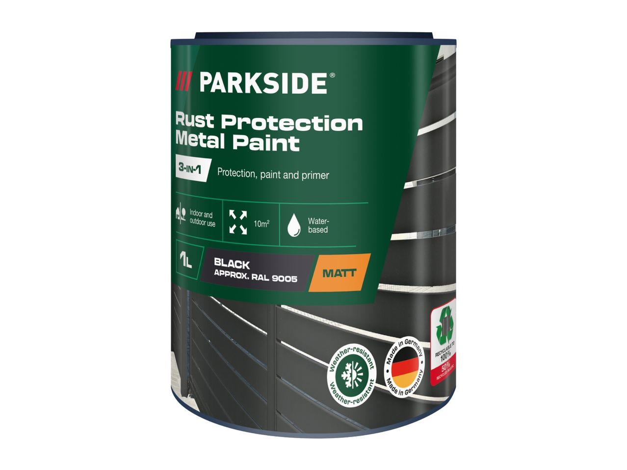 Rust protection metal paint, 3-in-1, black matt, 1L, for indoor and outdoor use.