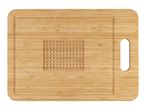A bamboo cutting board with a small, perforated square and a handle.