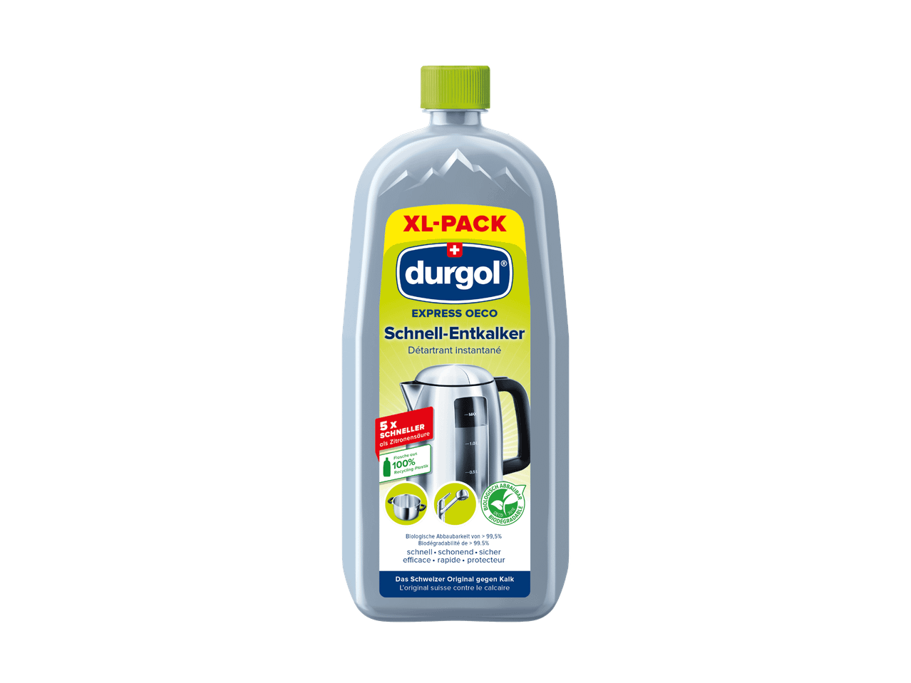 Eine Flasche durgol Express OECO Schnell-Entkalker mit Abbildungen eines Wasserkochers, Topfes und Wasserhahns.