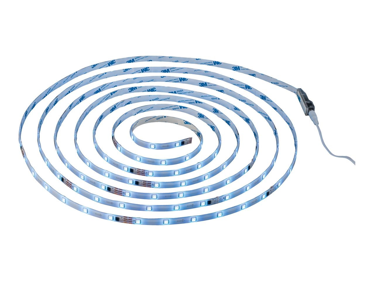 LED strip light with 3M adhesive backing, coiled on a white background.