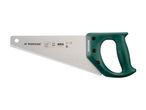 A Bahco hand saw with a green plastic handle.