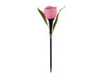 Pink tulip solar garden light with green leaves and a black stake