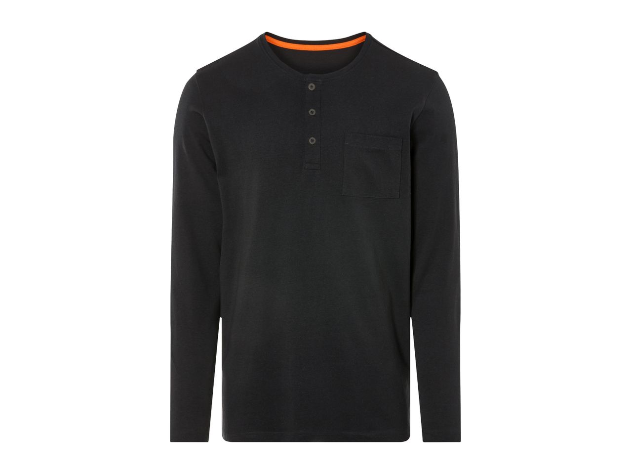 Black long-sleeved Henley shirt with a chest pocket.