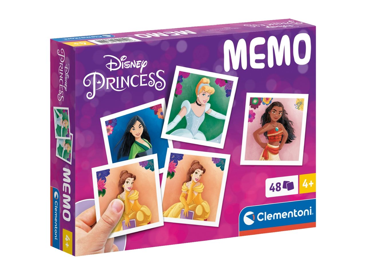 Disney Princess Memo game with 48 cards, featuring Cinderella, Mulan, Moana, and Belle.