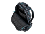 Mochila CRELANDO com compartimento principal aberto e padrão de skate