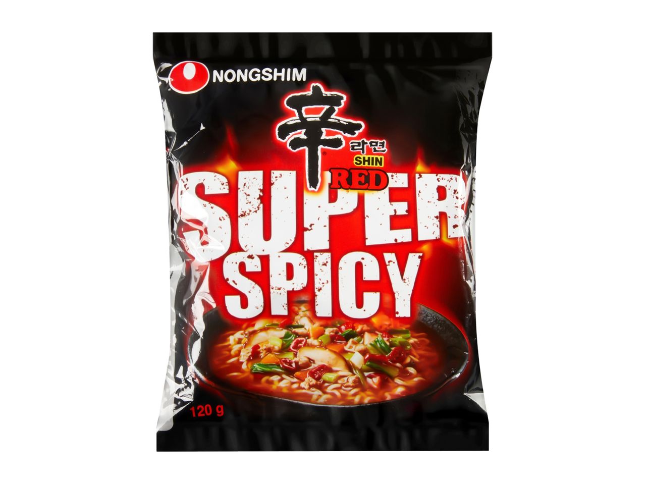 Super Spicy Red instant ramen noodles in a black package with a bowl of ramen.