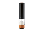 SILVERCREST® Electric Salt/Pepper Mill, black with wooden accents, filled with salt.