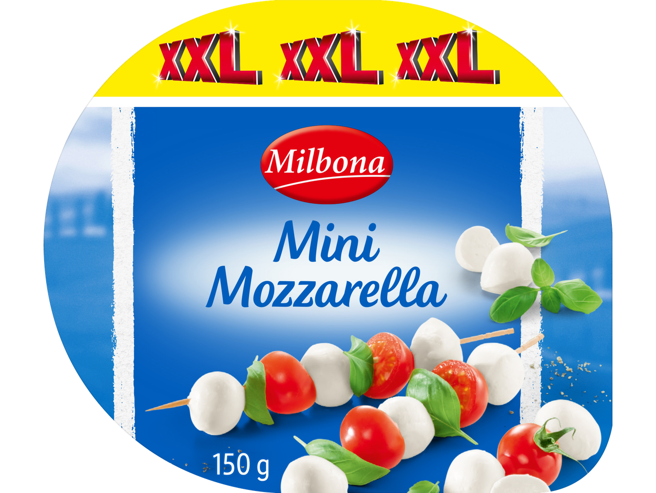 Milbona minimzzarella XXL: små mozzarellabollar med cocktailtomater och basilika.