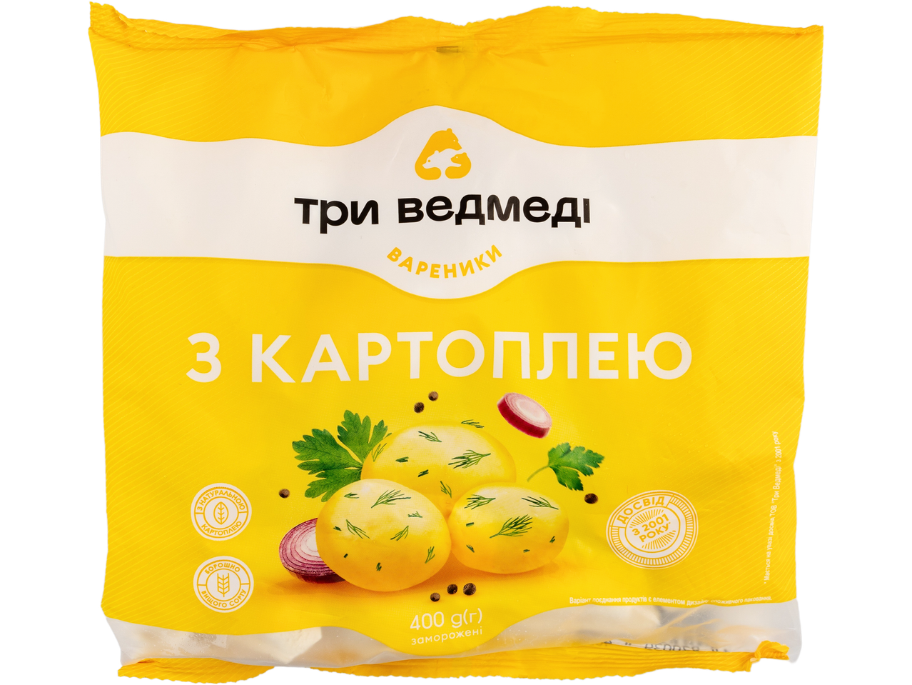 Yellow packaging for Three Bears potato dumplings (varenyky).
