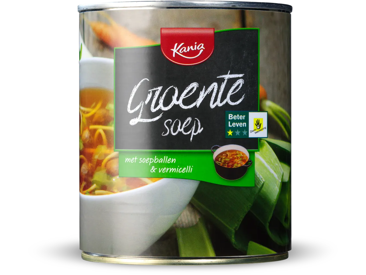 Kania groentesoep met soepballetjes en vermicelli.