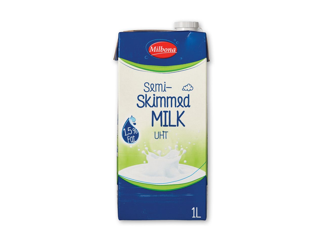 Milbona semi-skummet mælkekarton med 1,5% fedt og 1L volumen.
