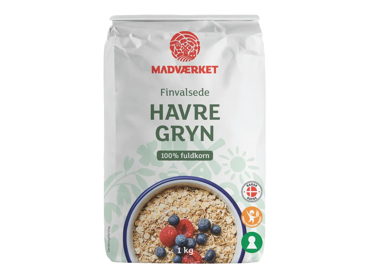 Madværket Finvalsede Havregryn, 1 kg pakke, med billede af havregryn og bær.