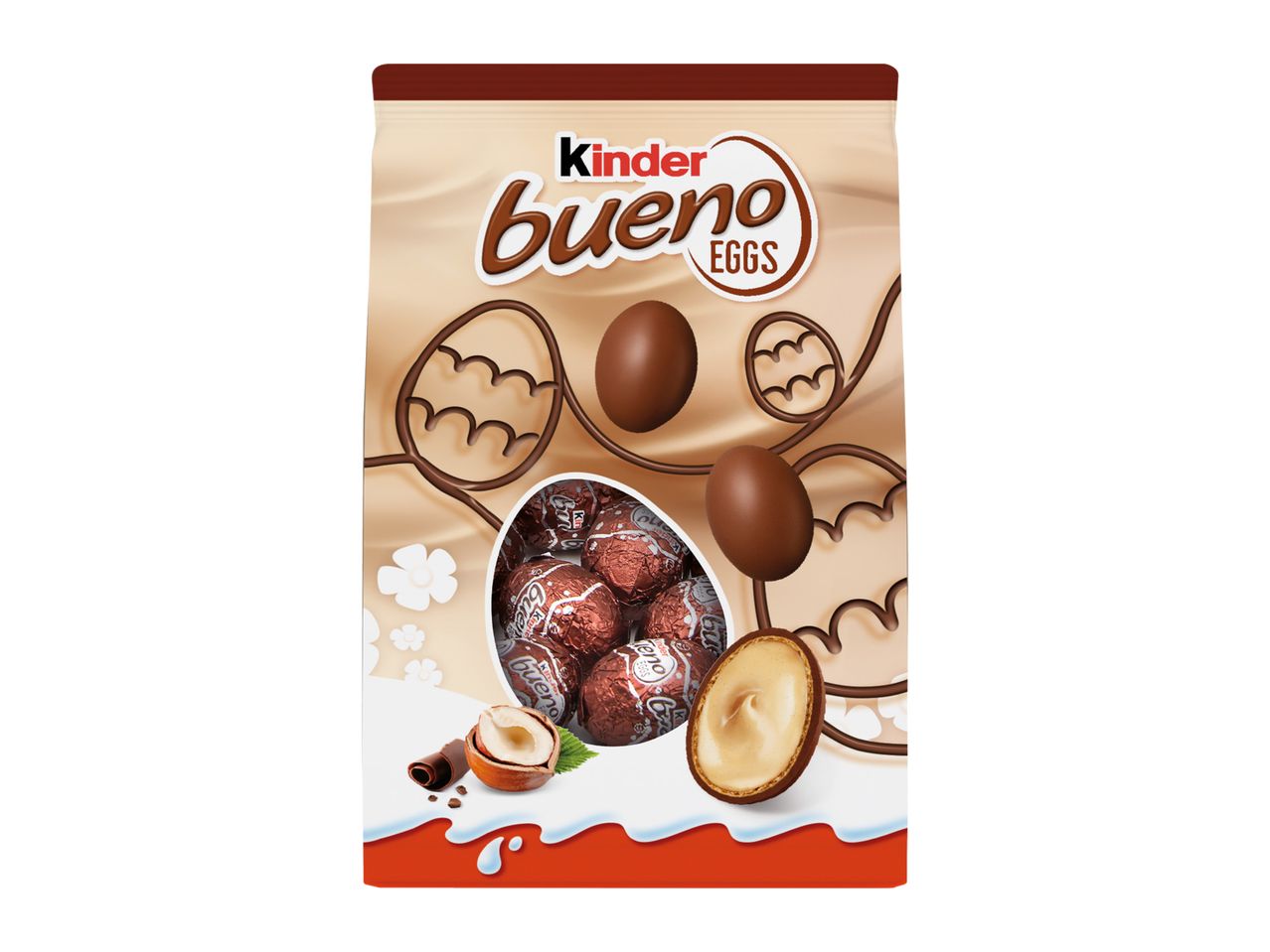 Chocolate hazelnut cream eggs in a bag, with a hazelnut and chocolate egg cut open.