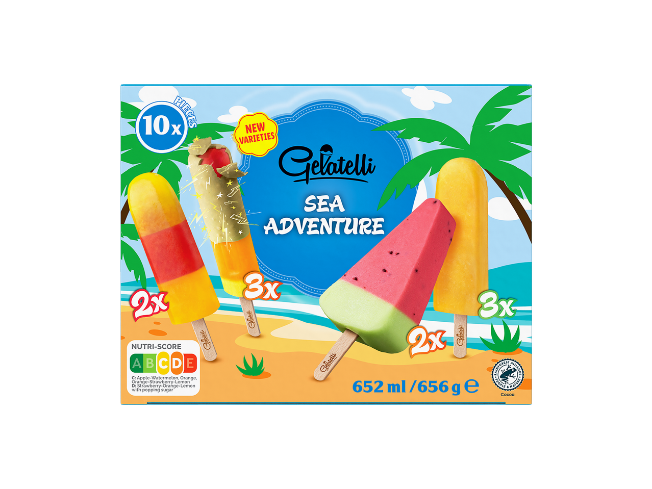 Mistura de gelados GELATELLI Sea Adventure com 10 unidades, incluindo sabores de maçã-melancia, laranja e morango-laranja-limão.
