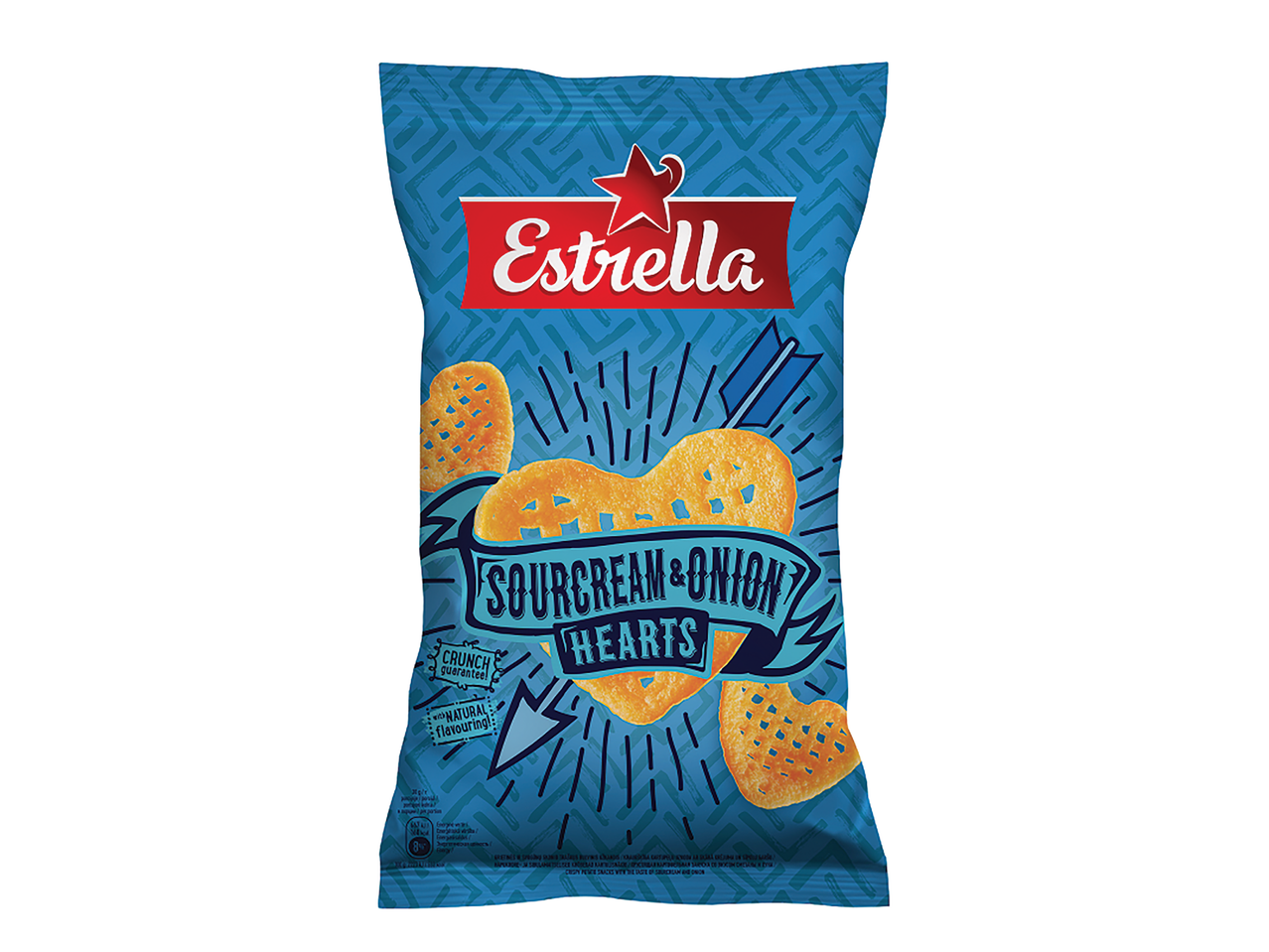 Estrella Sourcream & Onion Hearts kukurūzų užkandžių maišelis su širdies formos traškučiais.