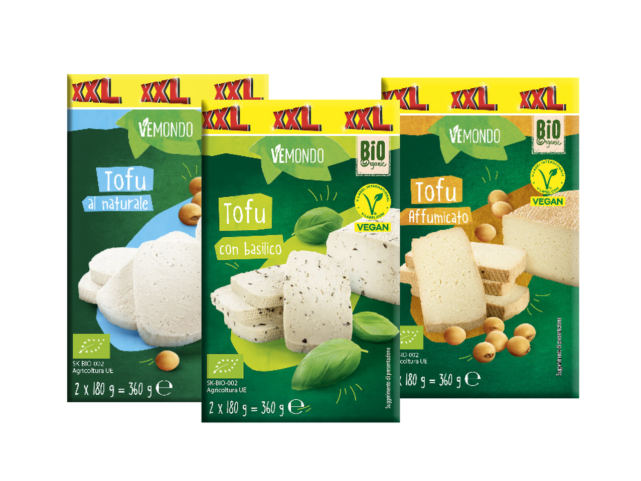Vemondo XXL Tofu in three varieties: natural, with basil, and smoked.