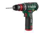 Cordless drill with a drill bit inserted, featuring green and black housing with red accents.