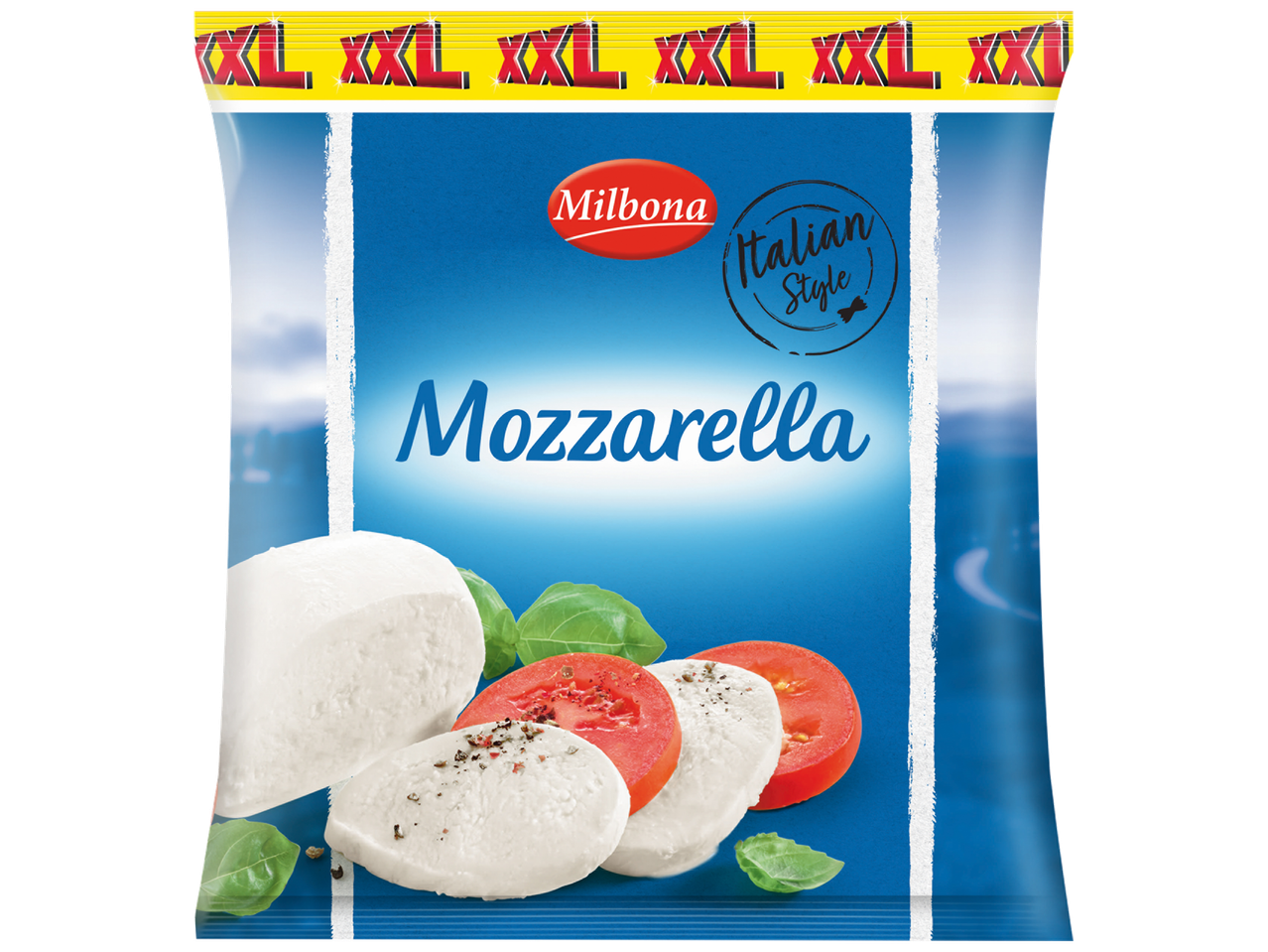 Sachet de mozzarella de style italien, avec des tranches de tomates et de basilic.