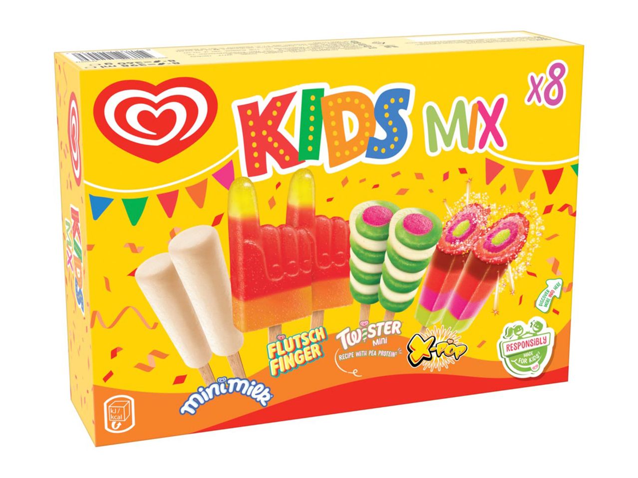 A Kids MX fagylaltcsomagolás nyolc különböző fagylaltot mutat be, köztük a Flutsch Finger és a Twister Mini fajtákat.
