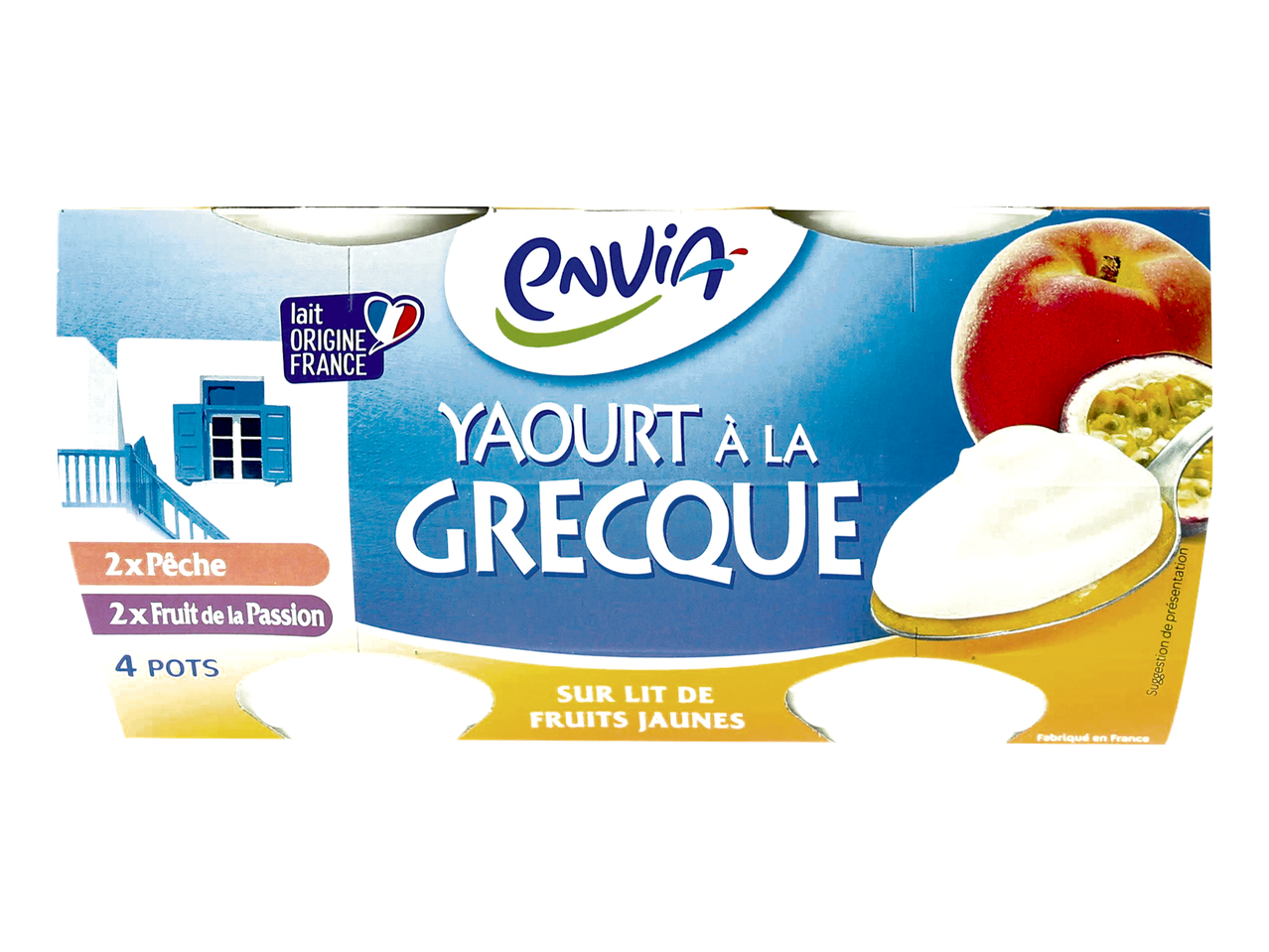 Yaourt à la grecque aux fruits jaunes, 2x pêche et 2x fruit de la passion, 4 pots, fabriqué en France.