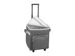 Grey cooler bag on wheels with an open lid and a front pocket.