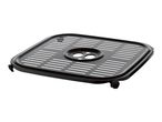 Black square air fryer grill plate with slotted surface and circular center
