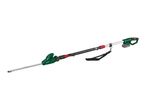 Cordless long-reach hedge trimmer with a green and black body, red accents, and a shoulder strap.
