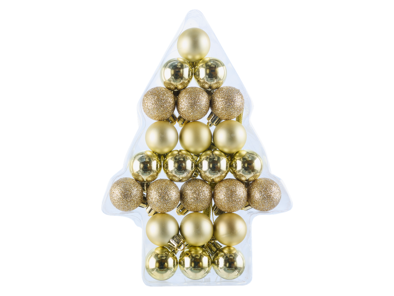 Livarno home 24-osaline kuldsete jõulukuulide komplekt puu kujul.