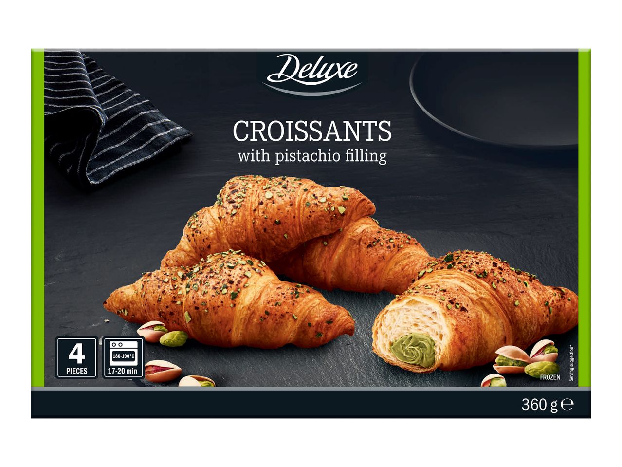 Croissante Deluxe cu umplutură de pistacii, congelate.
