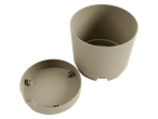 Um vaso bege com tampa.