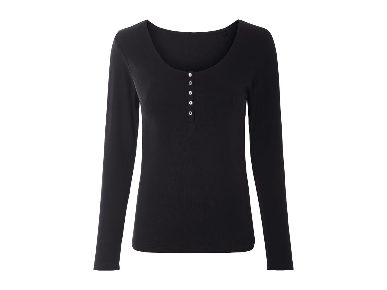 Black long-sleeved ribbed top with a scoop neck and white buttons