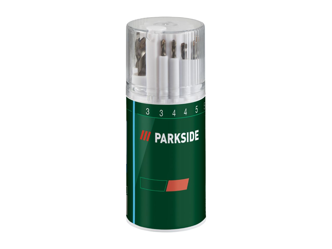 Parkside drill bit set in a clear and green cylindrical case.