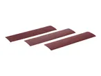 Three rectangular pieces of sandpaper, reddish-brown, arranged diagonally on a white background.