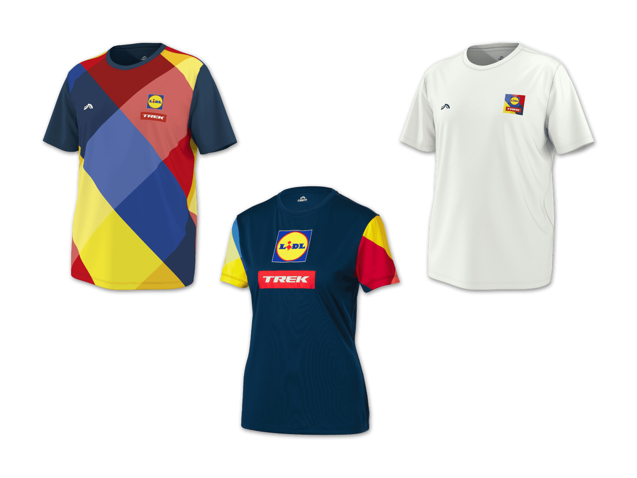 Drei Sport-T-Shirts: zwei mit farbenfrohem geometrischem Muster und eines in Weiß mit kleinem Logo.