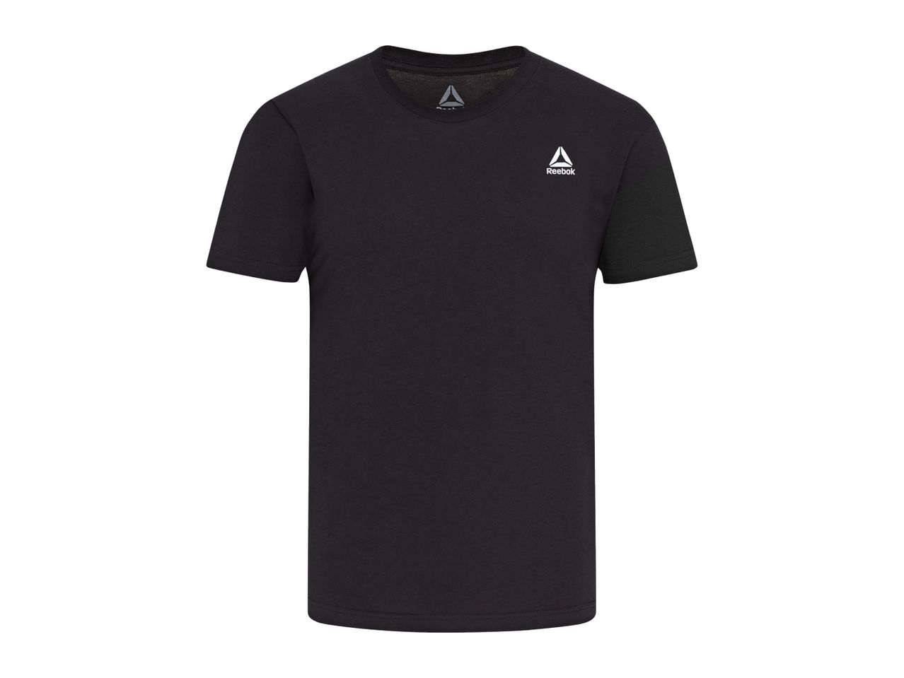 Black short-sleeved crew neck t-shirt with a white triangular logo on the chest.