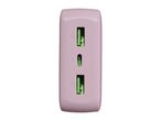 Pink power bank with two USB-A ports and one USB-C port.