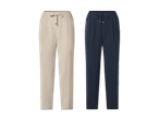 Zwei Freizeithosen mit Kordelzug, eine in Beige und eine in Dunkelblau.