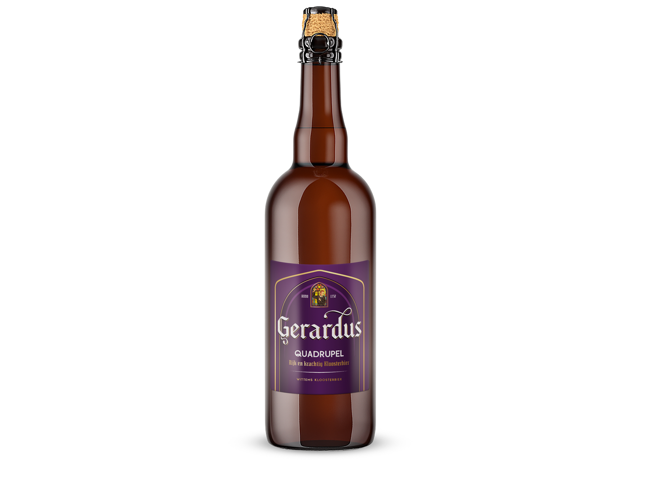 Gerardus Quadruppel bierfles met paars etiket en gouden details